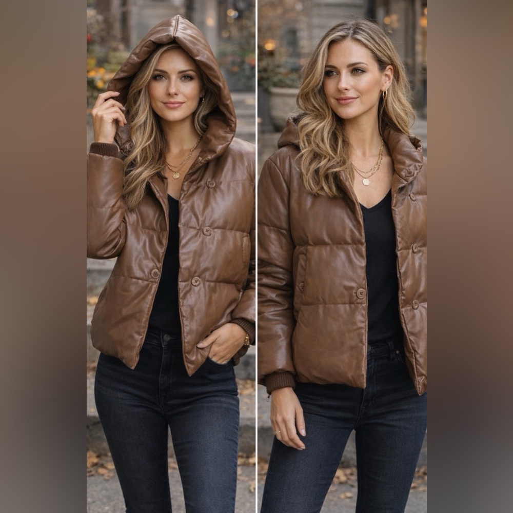 JAKKE POPPY COFFEE BROWN VEGAN LEATHER PUFFER HOODIE JACKET COAT SIZE 6